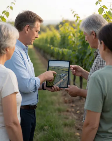 Un photographe aérien présente des images capturées par drone à un client, utilisant une tablette avec le vignoble en arrière-plan.