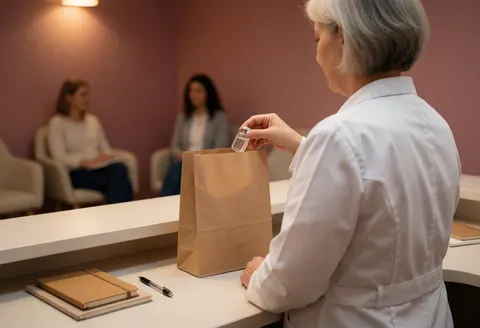Un praticien en blouse blanche place une ampoule dans un sac brun sur un comptoir de réception avec murs roses et chaises d'attente.
