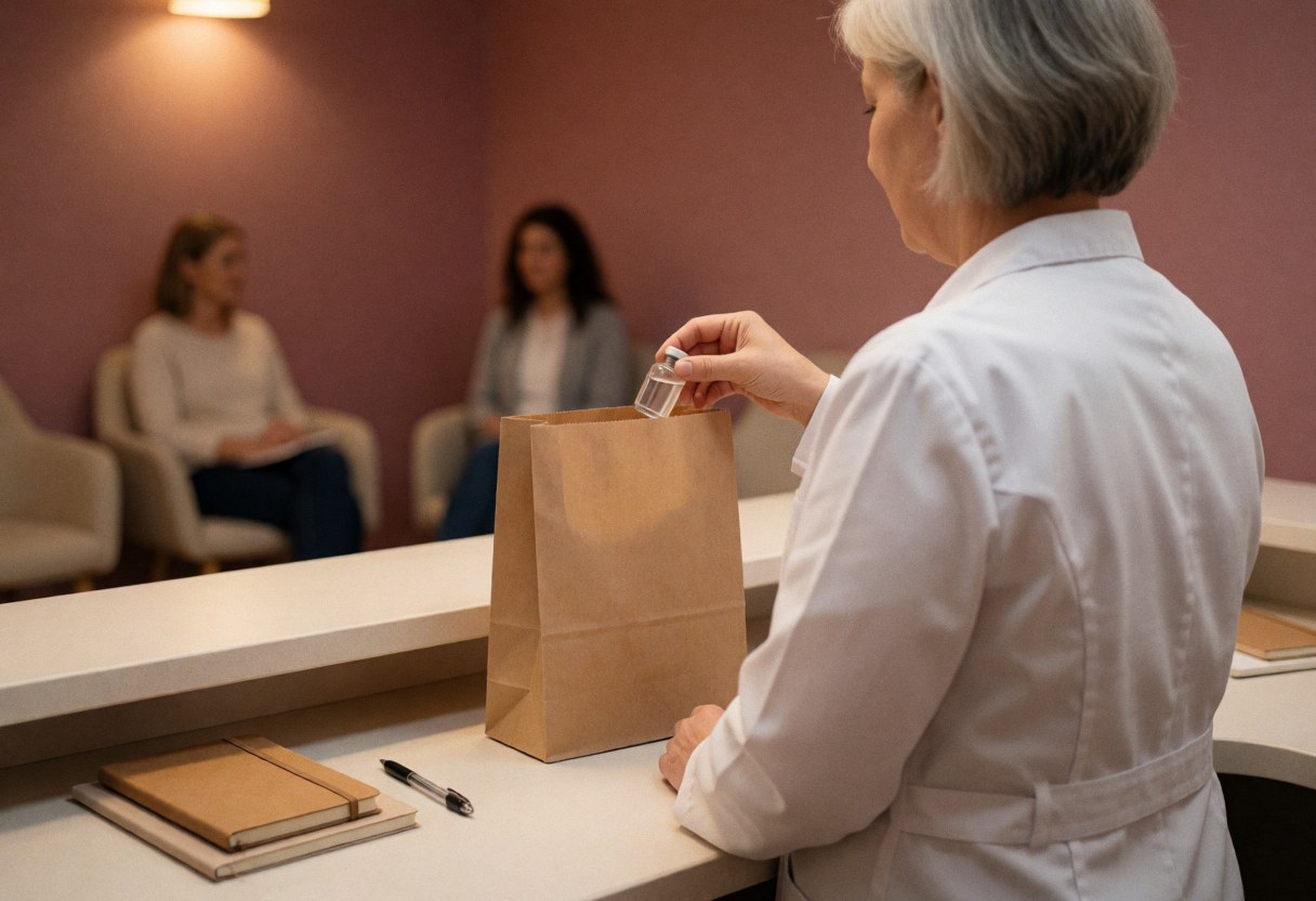 Un praticien en blouse blanche place une ampoule dans un sac brun sur un comptoir de réception avec murs roses et chaises d'attente.
