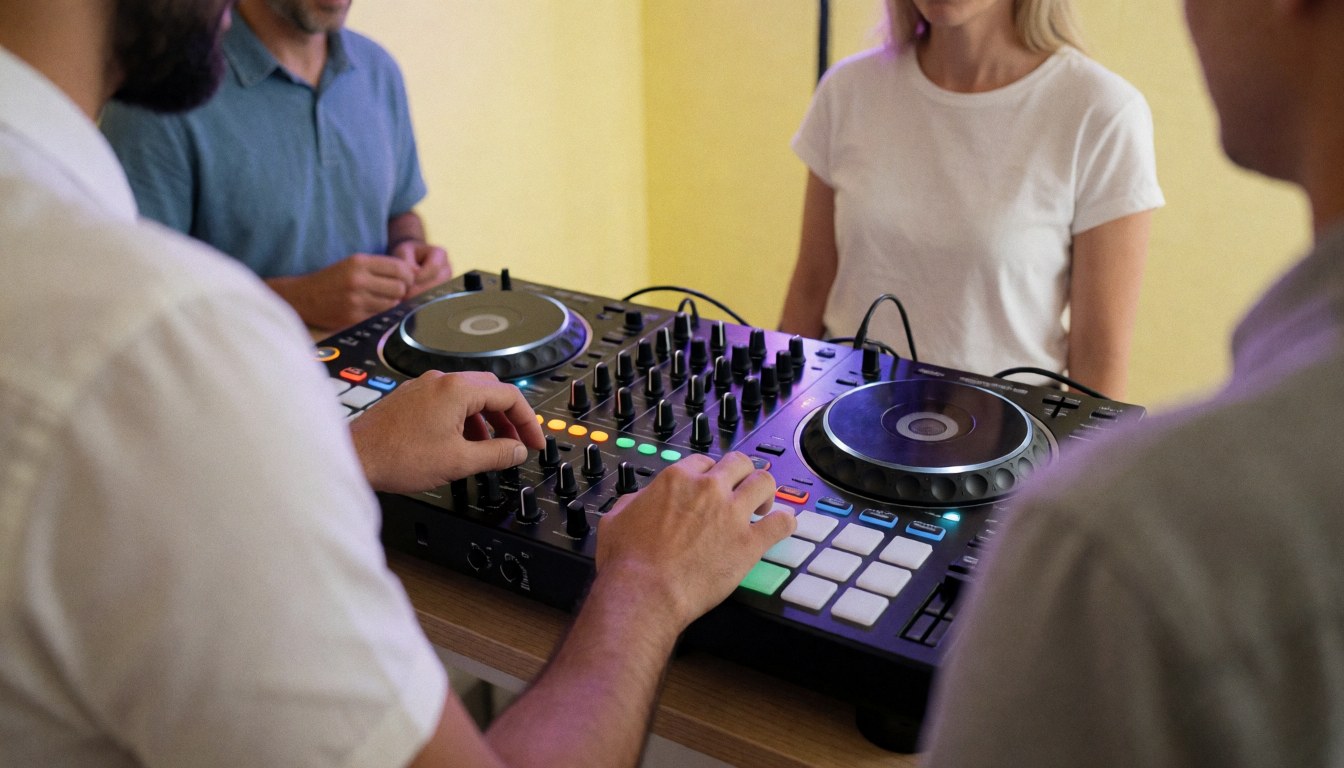 Un dj professionnel utilise un contrôleur midi pour mixer de la musique lors d'une fête animée avec des lumières de scène et des murs jaunes.