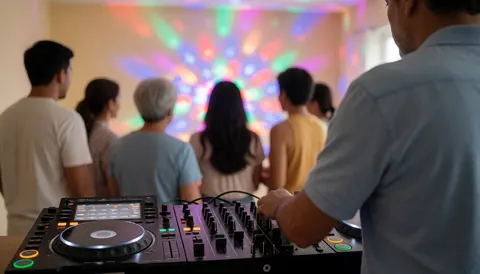 Un DJ professionnel mixe de la musique lors d'une fête animée, entouré de lumières colorées et de murs beiges, tandis que le public danse en arrière-plan.