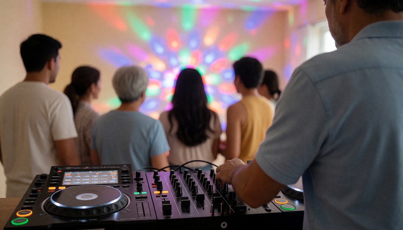 Un DJ professionnel mixe de la musique lors d'une fête animée, entouré de lumières colorées et de murs beiges, tandis que le public danse en arrière-plan.