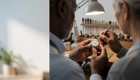Technicien en horlogerie réparant une montre-bracelet avec des outils dans un atelier bien éclairé et ordonné.