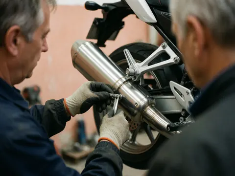 Un mécanicien portant des gants ajuste un tube d'échappement métallique brillant sur une moto dans un atelier avec des murs en plâtre terracotta.
