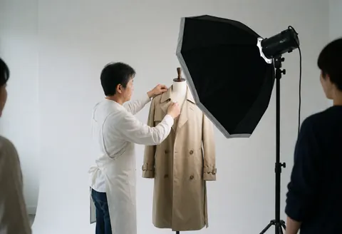 Un photographe professionnel ajuste une veste beige sur un mannequin dans un studio, éclairé par un softbox octogonal sur fond blanc pour une prise de vue de produit.