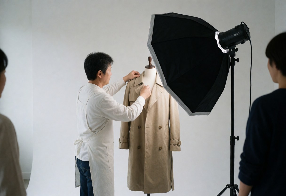 Un photographe professionnel ajuste une veste beige sur un mannequin dans un studio, éclairé par un softbox octogonal sur fond blanc pour une prise de vue de produit.