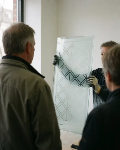 Un client observe attentivement un panneau de verre décoratif à motif géométrique dans une vitrerie moderne, baignée de lumière naturelle et entourée de murs blancs.