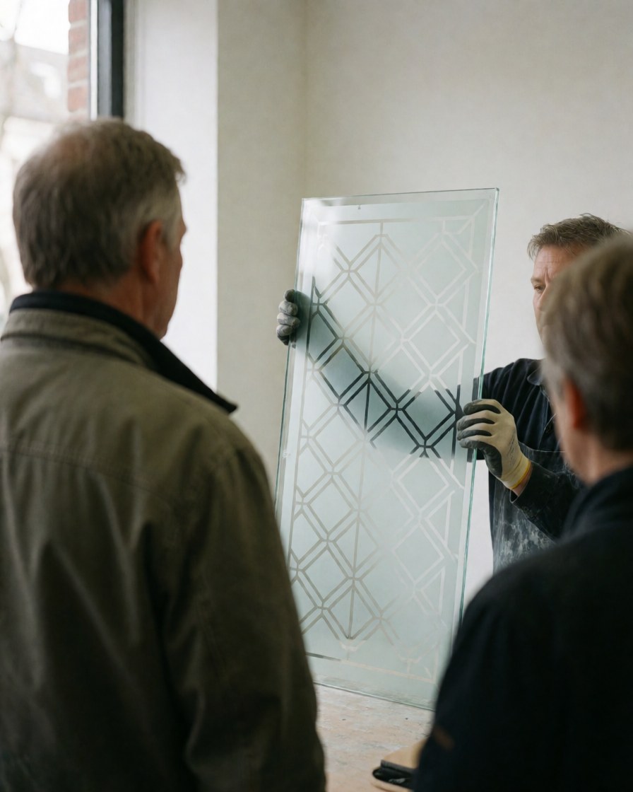 Un client observe attentivement un panneau de verre décoratif à motif géométrique dans une vitrerie moderne, baignée de lumière naturelle et entourée de murs blancs.