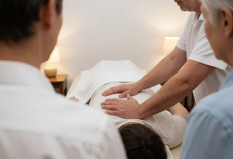 Un thérapeute effectue un massage dorsal sur une table de consultation dans un cabinet de homeopathie avec un éclairage doux.