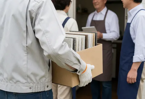 Un ouvrier en uniforme porte une caisse contenant des échantillons de plans de travail vers une cuisine, avec d'autres professionnels visibles en arrière-plan.