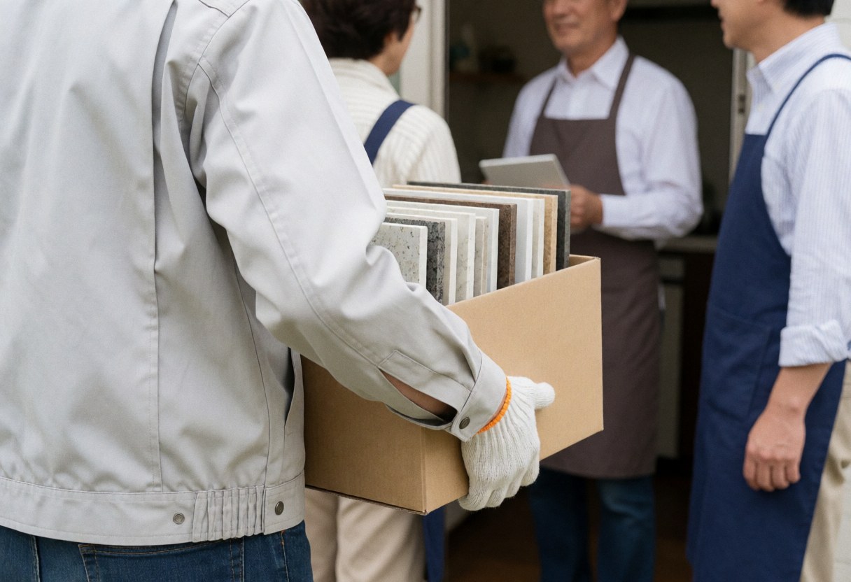 Un ouvrier en uniforme porte une caisse contenant des échantillons de plans de travail vers une cuisine, avec d'autres professionnels visibles en arrière-plan.