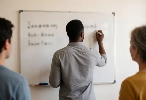 Un enseignant écrit au tableau blanc devant des étudiants dans une salle de classe de programmation baignée de lumière naturelle.