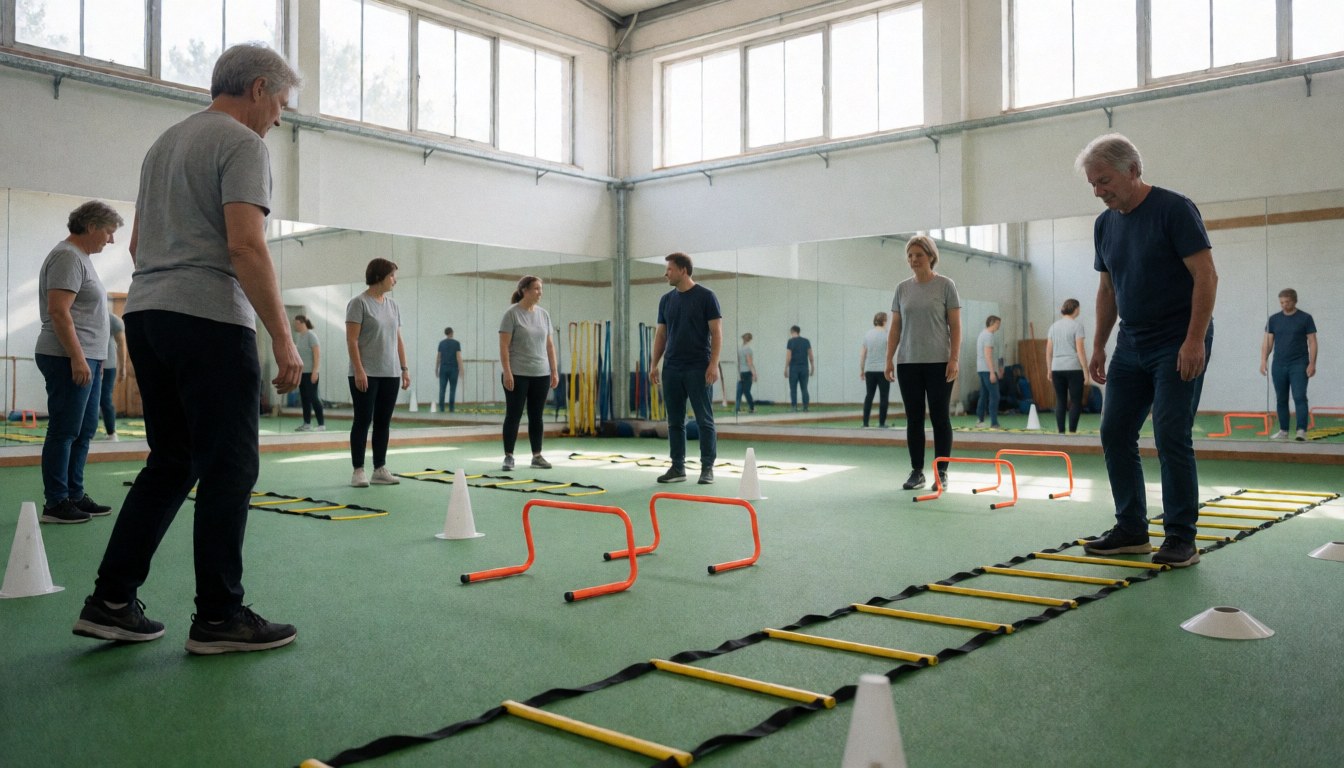 Groupe d'adultes s'entraînant en salle avec une échelle d'agilité, des haies orange et des cônes blancs sur un sol vert reflété dans des miroirs.