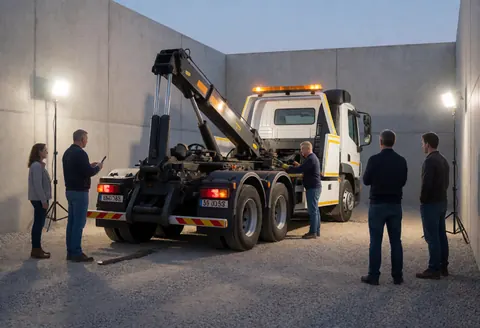 Un camion remorqueur avec bras élevé sur un sol en béton, entouré de personnes qui l'observent sous l'éclairage de projecteurs portatifs.