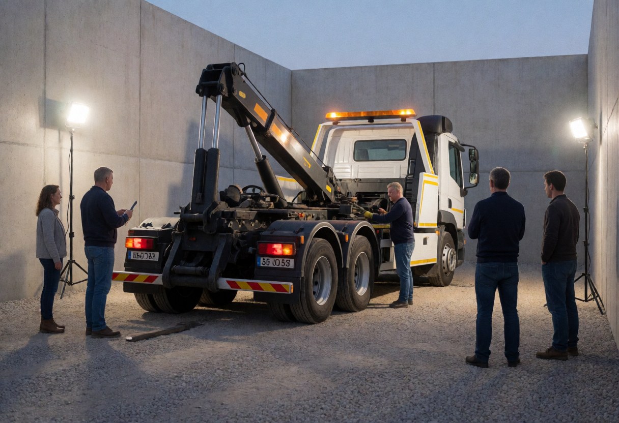 Un camion remorqueur avec bras élevé sur un sol en béton, entouré de personnes qui l'observent sous l'éclairage de projecteurs portatifs.
