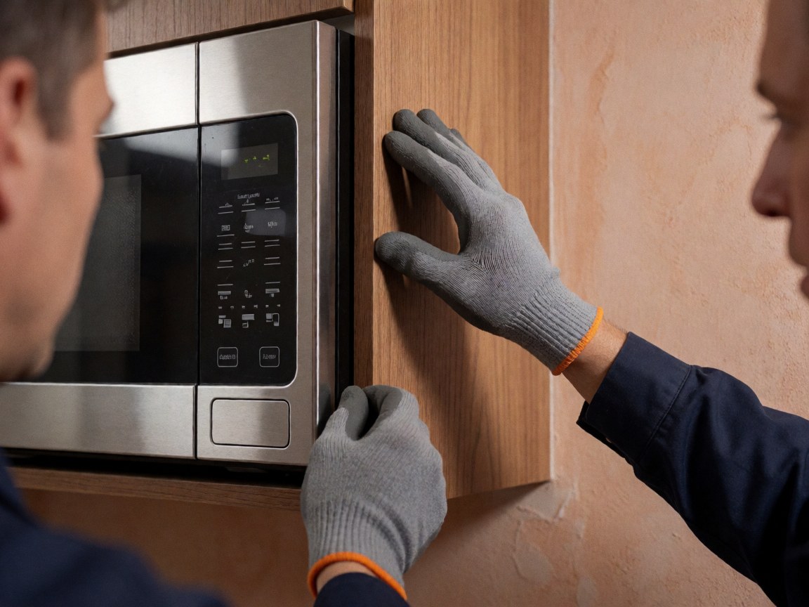 Un technicien en gants ajuste l'espace de ventilation entre un micro-ondes et un meuble en bois dans une cuisine avec des murs en plâtre terracotta.