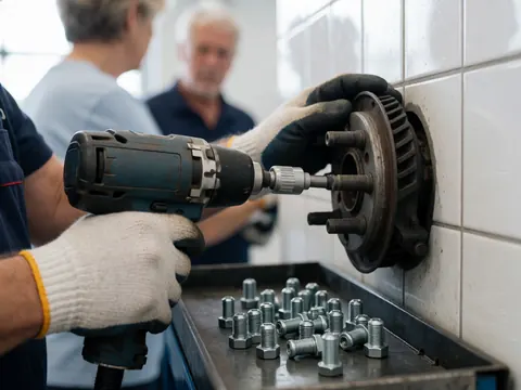 Mains avec des gants travaillant avec un impact sur une jante, vis dans un plateau magnétique, mur de carreaux blancs, atelier de réparation de pneus.