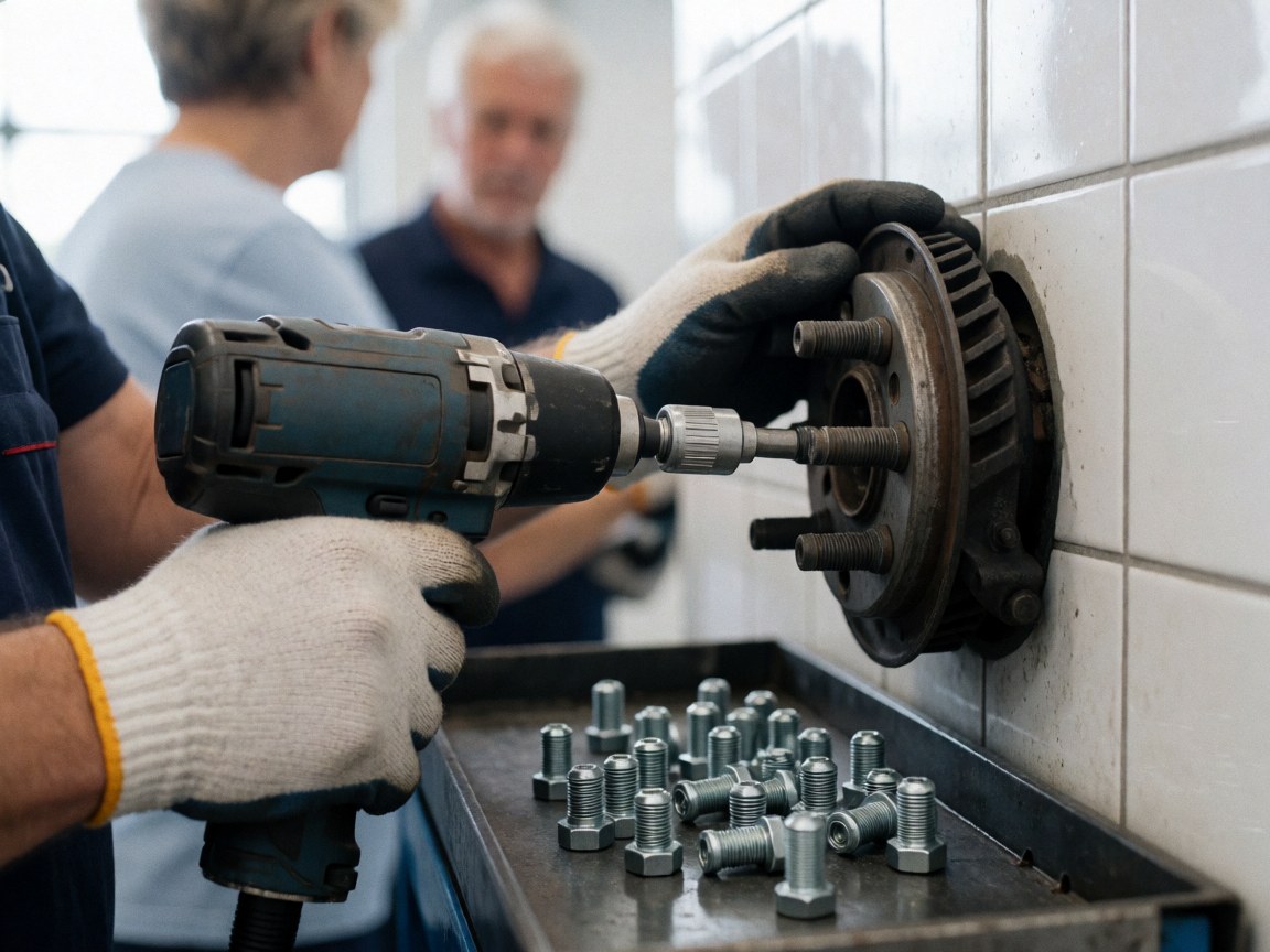 Mains avec des gants travaillant avec un impact sur une jante, vis dans un plateau magnétique, mur de carreaux blancs, atelier de réparation de pneus.