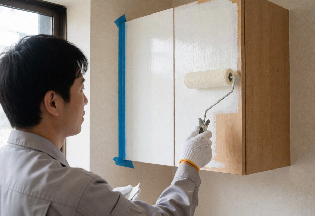 Un installateur de cuisine applique de la peinture blanche sur une porte de meuble avec un rouleau, en utilisant du ruban bleu pour protéger le mur.