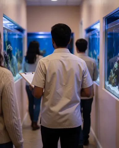 Employé avec un porte-documents examine des aquariums dans un couloir éclairé en bleu, avec des murs beiges et de grands bassins.