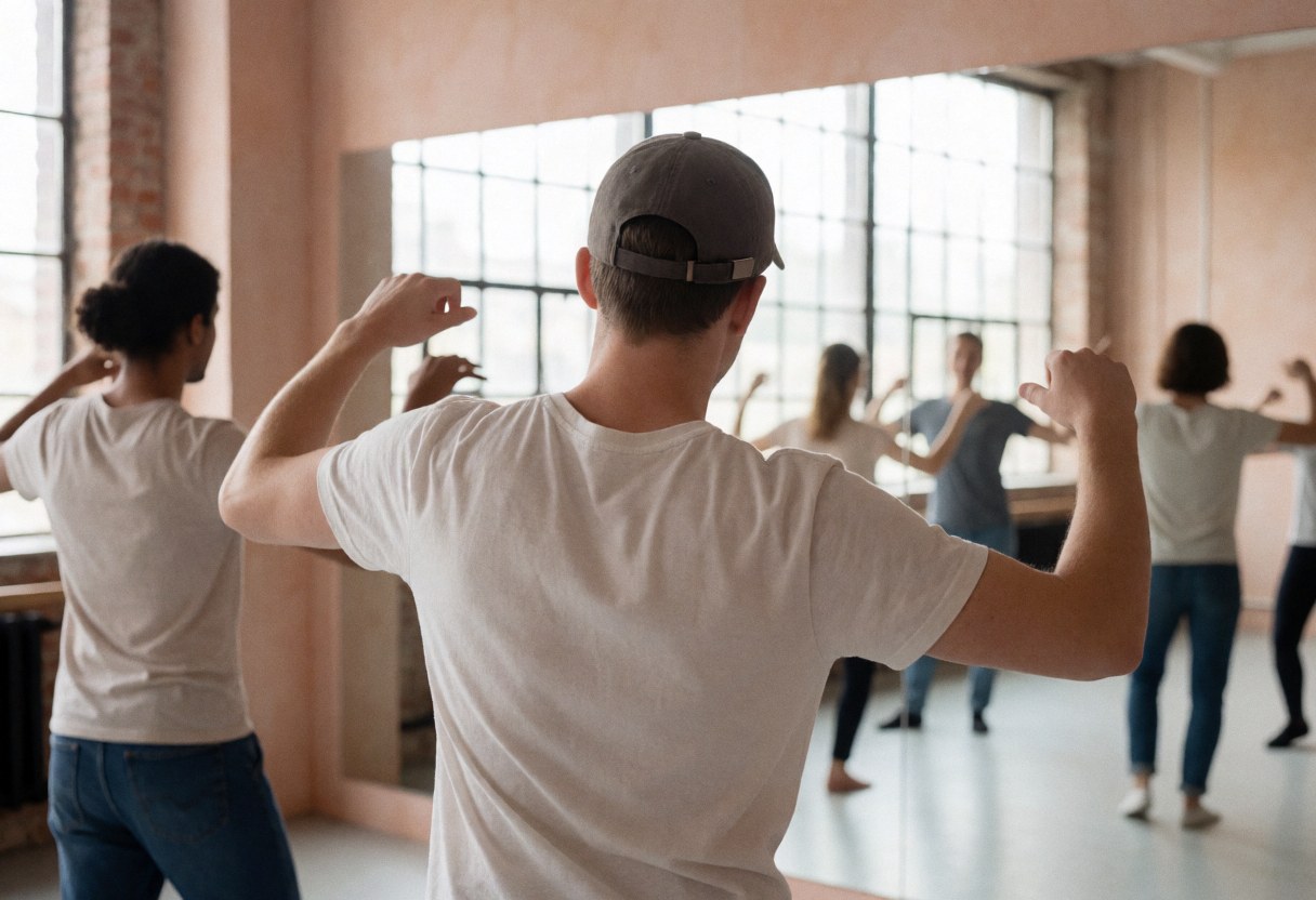 Un étudiant de danse avec une casquette regarde son reflet dans un grand miroir d'un studio moderne aux murs clairs et aux fenêtres industrielles.