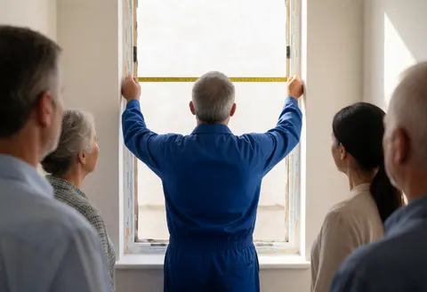 Un technicien en uniforme bleu mesure une fenêtre avec un mètre ruban jaune devant des clients dans une pièce lumineuse.