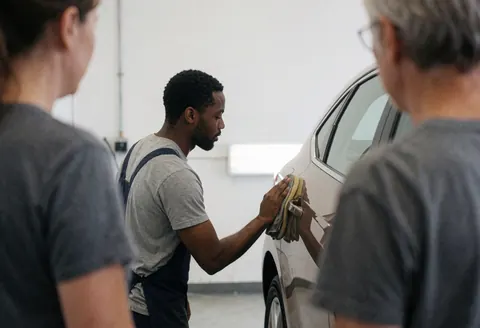 Un employé effectue le polissage d'un véhicule à l'aide d'un chiffon dans un atelier aux murs blancs, illustrant un service de lavage automobile en cours.