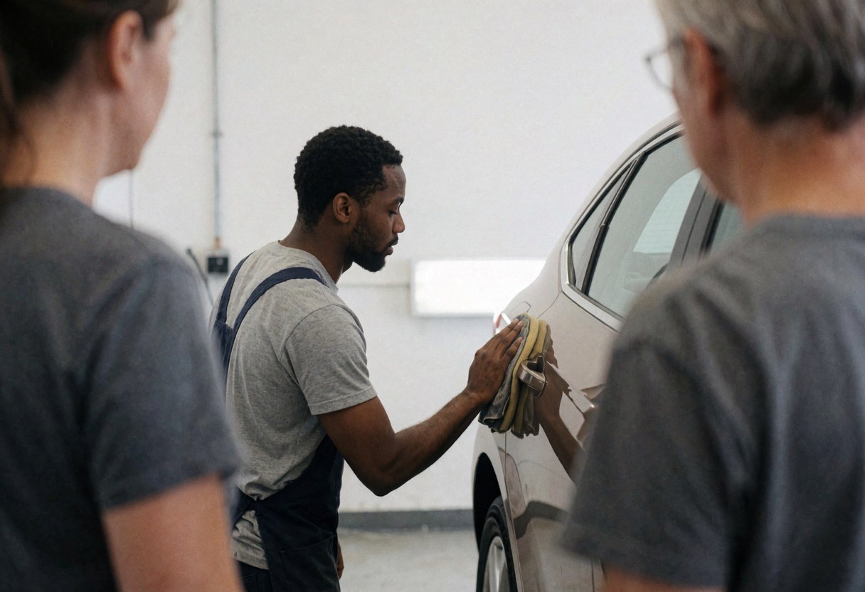 Un employé effectue le polissage d'un véhicule à l'aide d'un chiffon dans un atelier aux murs blancs, illustrant un service de lavage automobile en cours.