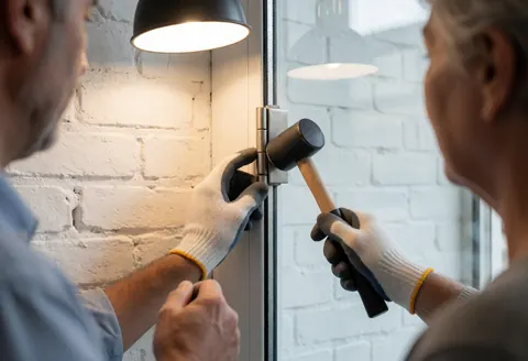 Un technicien en gants ajuste une charnière métallique sur une porte en verre avec un marteau, devant un mur de briques blanches et sous un éclairage de travail.