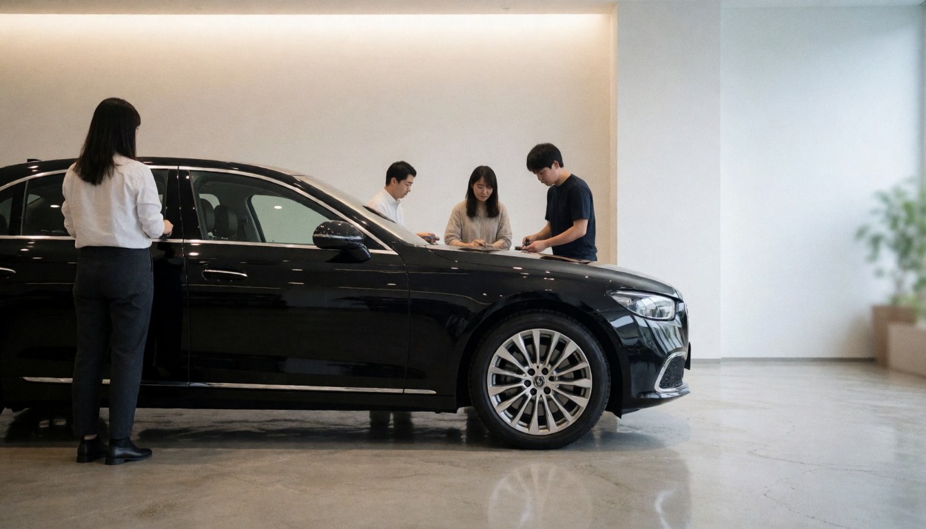 Un client et un vendeur examinent ensemble une voiture de couleur noire à l'intérieur d'un concessionnaire moderne aux murs blancs.
