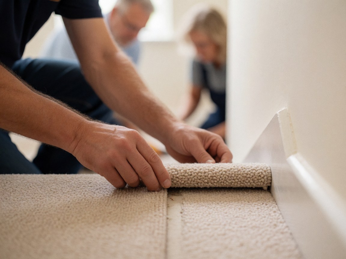 Des mains professionnelles posent un tapis antidérapant sur une marche d'escalier, avec des outils visibles près d'un mur blanc.