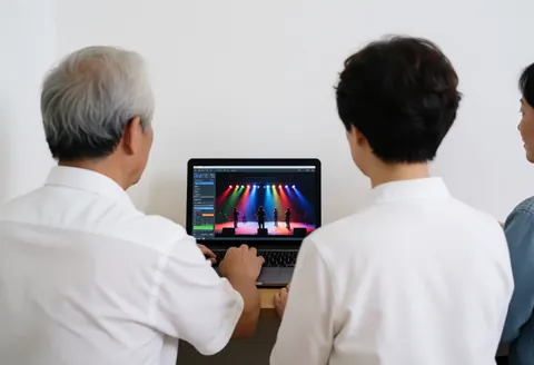Trois individus regardent l'équipement audio en fonctionnement sur une scène éclairée par des lumières colorées dans un centre de spectacles.