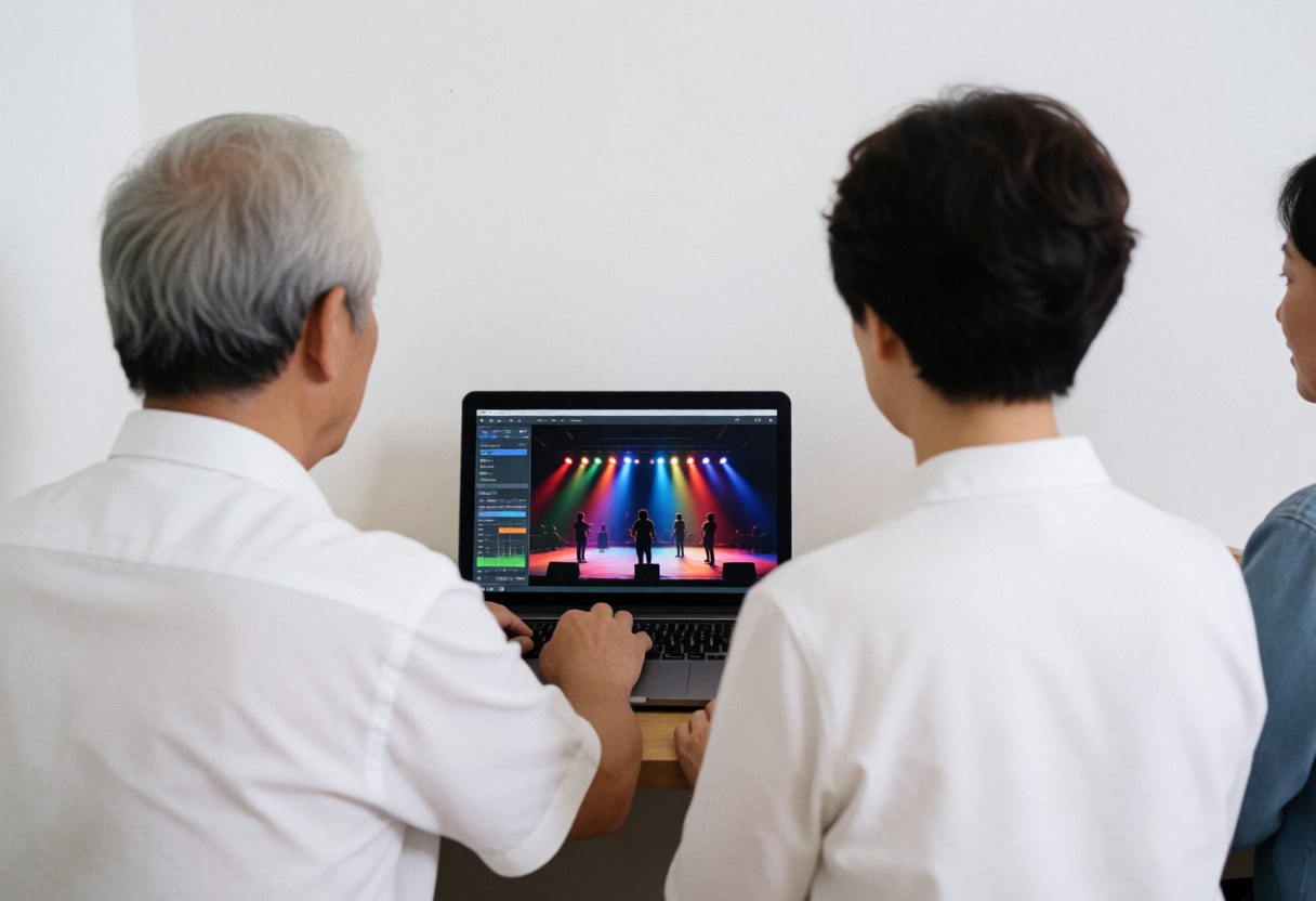 Trois individus regardent l'équipement audio en fonctionnement sur une scène éclairée par des lumières colorées dans un centre de spectacles.