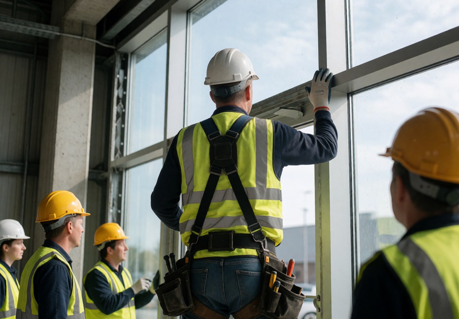 Technicien en harnais et casque installe un cadre vitré sur un chantier, tandis que d'autres ouvriers observent le processus de montage.