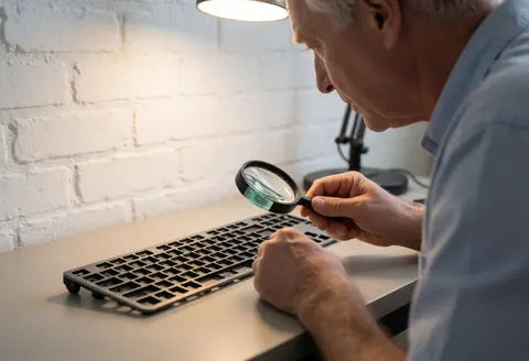 Un technicien examine un clavier démonté à la loupe sous l'éclairage d'un bureau, avec un mur de briques blanches en arrière-plan.
