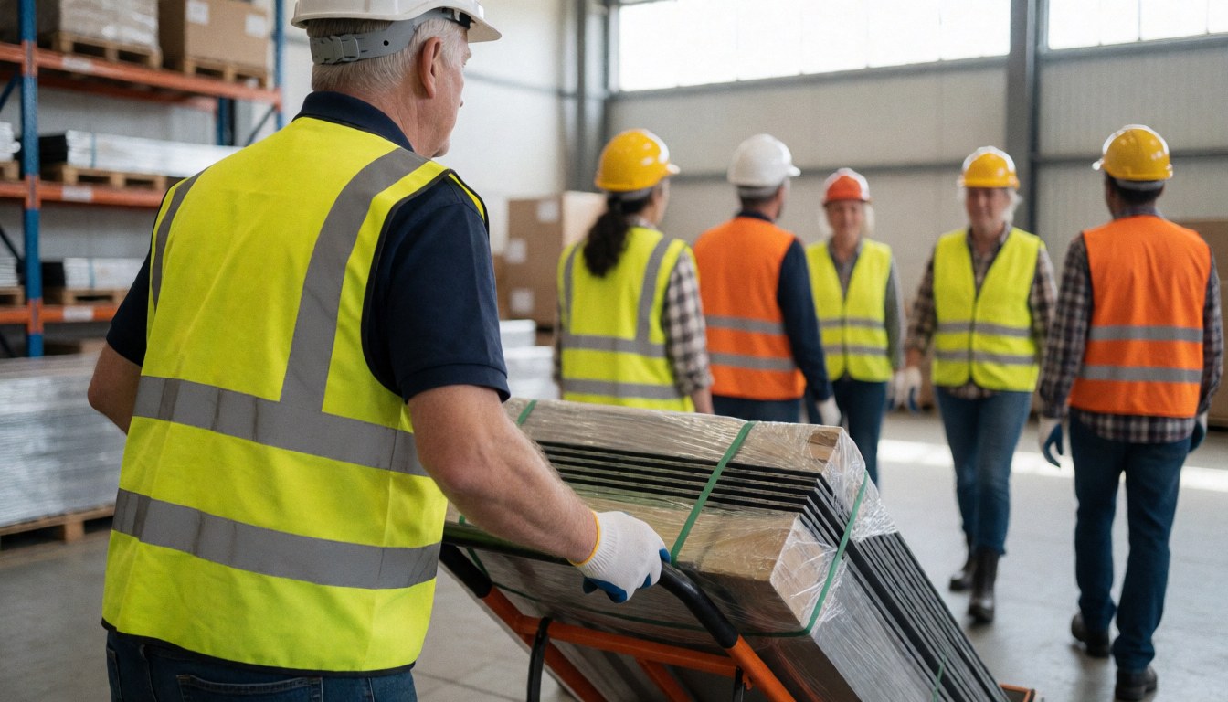 Un employé transporte des plaques de métal sur un chariot dans un entrepôt industriel tandis que d'autres collègues observent à l'arrière-plan.