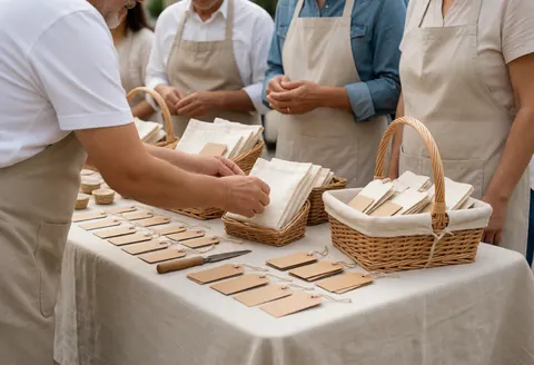 Un vendeur arrange soigneusement des articles faits main dans des corbeilles en paille sur une nappe en lin, avec des étiquettes visibles pour la vente.