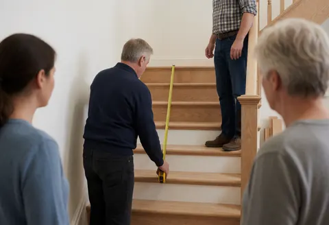 Un tapissier professionnel mesure une échelle en bois avec un mètre ruban dans une pièce aux murs blancs, tandis que des clients observent la prestation de service.