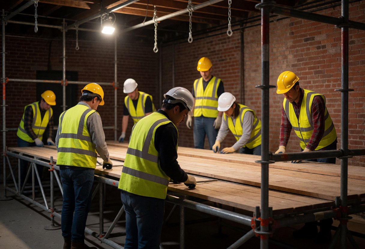 Des ouvriers en casques et gilets de sécurité installent des planches en bois sur des structures métalliques dans un bâtiment à murs apparents.