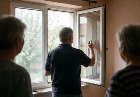 Un technicien applique du lubrifiant sur le cadre d'une fenêtre pendant que deux personnes observent, dans un environnement avec des murs clairs et une lumière naturelle.