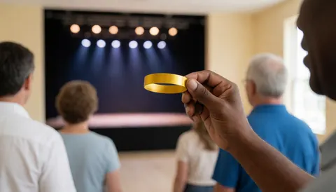 Une main tient un bracelet doré devant une scène éclairée avec du public en arrière-plan dans un centre de spectacles.