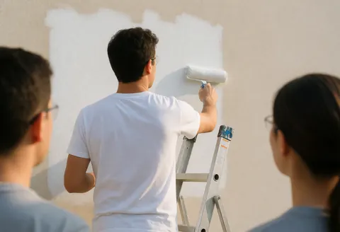 Un peintre professionnel applique de l'apprêt blanc sur un mur extérieur avec un rouleau, tandis que deux personnes observent la scène en arrière-plan sous la lumière du jour.