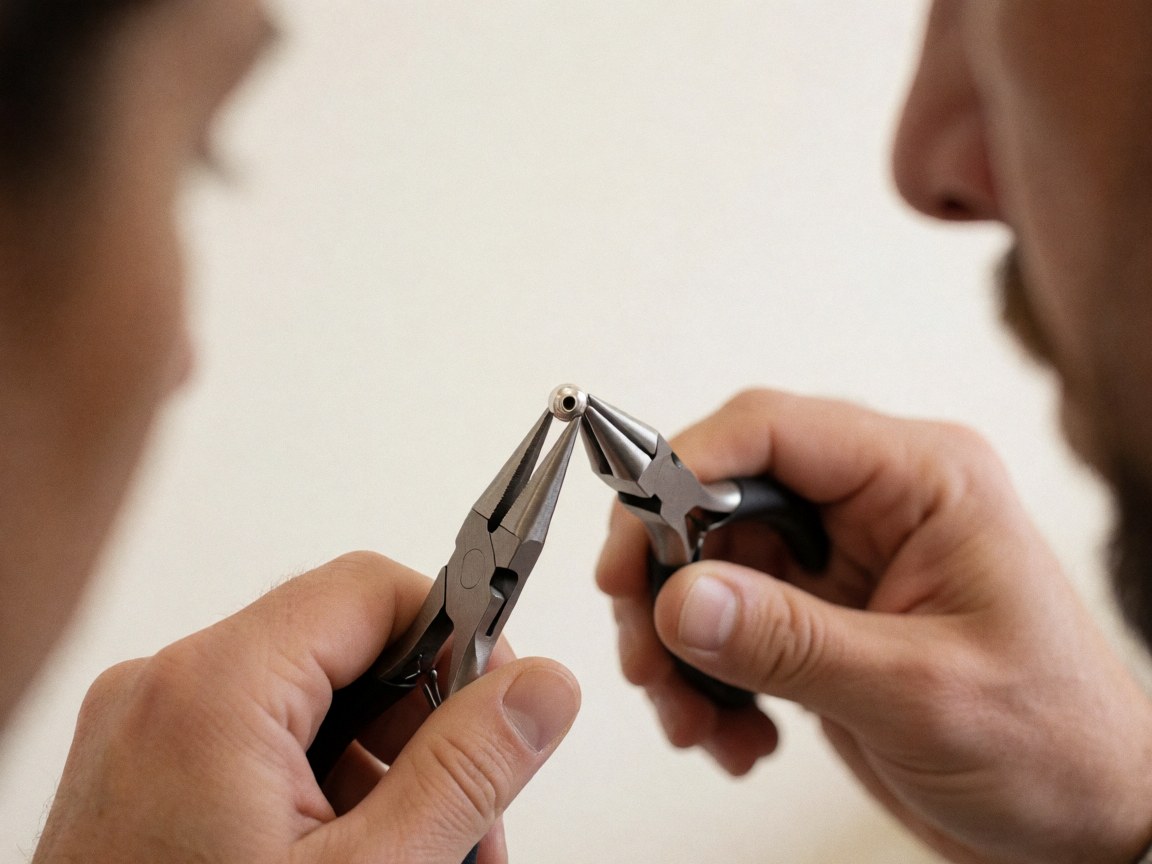 Gros plan sur les mains d'un professionnel utilisant des pinces pour ajuster un micro-ring sur fond blanc, détail précis pour les extensions de cheveux.