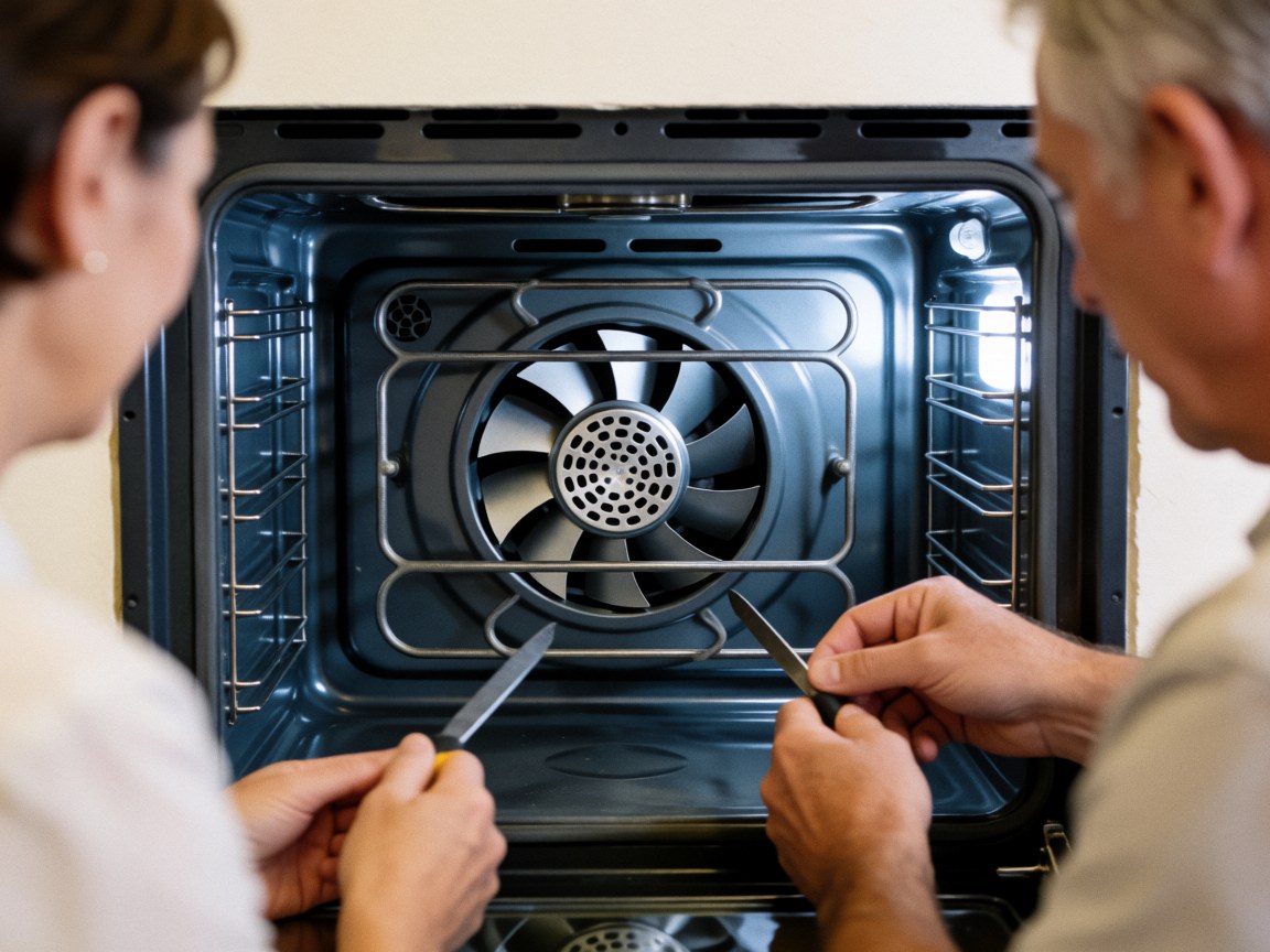 Technicien effectuant une réparation sur un ventilateur de convection de four, avec des outils, dans un environnement de cuisine propre et lumineux.