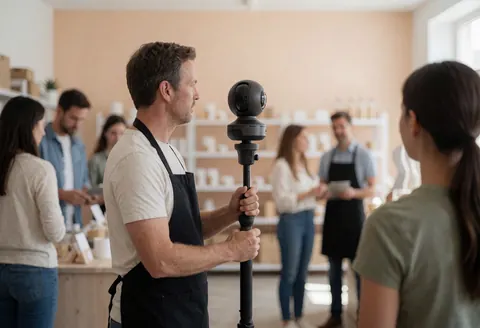 Un photographe utilise une caméra 360 degrés sur monopod dans un magasin pour créer des visites virtuelles, avec des murs beige et des clients en arrière-plan.