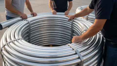 Trois ouvriers transportent des tubes métalliques à l'extérieur, dans le cadre de travaux de réparation de toiture.