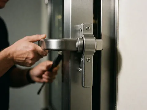 Un serrurier ajuste une serrure en acier inoxydable sur une porte commerciale, avec un gros plan du mécanisme de sécurité et de l'outil utilisé.