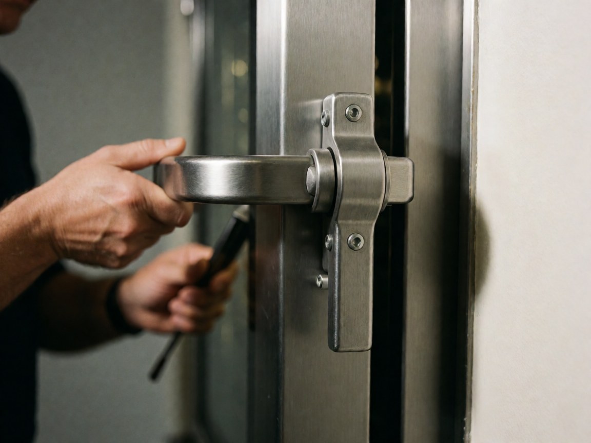 Un serrurier ajuste une serrure en acier inoxydable sur une porte commerciale, avec un gros plan du mécanisme de sécurité et de l'outil utilisé.