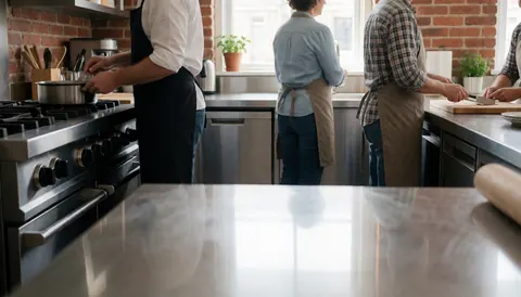 Vue d'une cuisine professionnelle dotée de murs en briques, équipée de fours et de tables en acier inoxydable pour le travail.