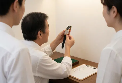 Un horloger examine une montre dans son atelier, entouré d'un carnet de notes et de murs blancs, baigné de lumière naturelle.